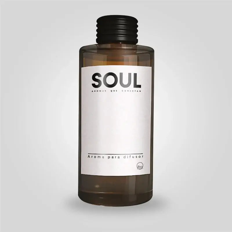 Botella de aroma para difusor 'Soul', diseño elegante en tonos oscuros con etiqueta blanca.