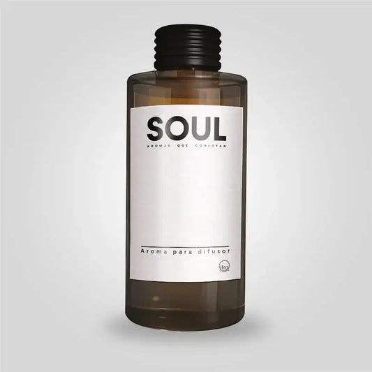 Botella de aroma para difusor 'Soul', diseño elegante en tonos oscuros con etiqueta blanca.